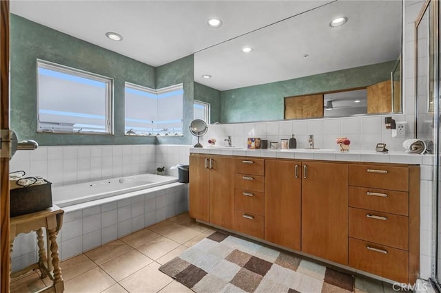 16745 Bayview Dr Unit B, Sunset Beach, CA 90742 - full bathroom with double vanity, a garden tub, recessed lighting, and tile patterned flooring