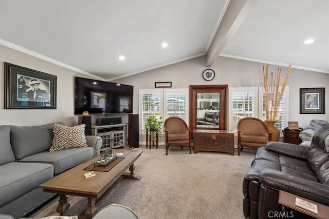 living room with vaulted ceiling with beams, recessed lighting, crown molding, and light colored carpet
