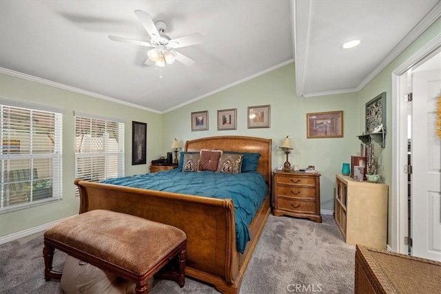 bedroom featuring carpet floors, crown molding, and lofted ceiling