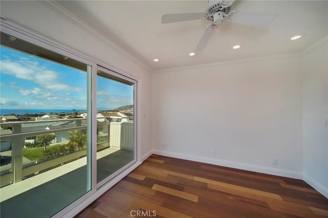 33571 Binnacle Dr, Dana Point, CA 92629 - spare room with ornamental molding, dark wood finished floors, ceiling fan, and recessed lighting