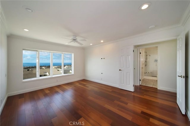 33571 Binnacle Dr, Dana Point, CA 92629 - unfurnished bedroom featuring baseboards, hardwood / wood-style floors, crown molding, recessed lighting, and ceiling fan
