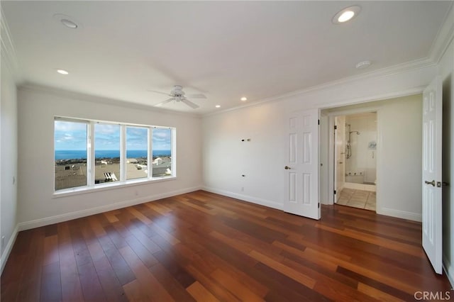 33571 Binnacle Dr, Dana Point, CA 92629 - unfurnished bedroom featuring hardwood / wood-style flooring, crown molding, recessed lighting, and a ceiling fan