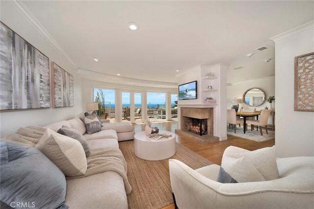 33571 Binnacle Dr, Dana Point, CA 92629 - living area with wood finished floors, a lit fireplace, ornamental molding, and recessed lighting