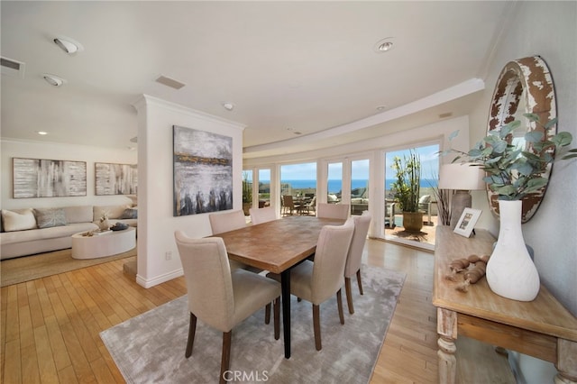 33571 Binnacle Dr, Dana Point, CA 92629 - dining room with crown molding, light wood finished floors, and recessed lighting