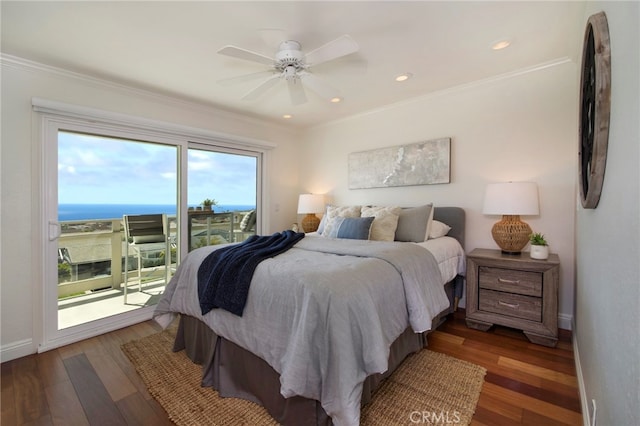 33571 Binnacle Dr, Dana Point, CA 92629 - bedroom featuring access to outside, wood finished floors, crown molding, recessed lighting, and a ceiling fan