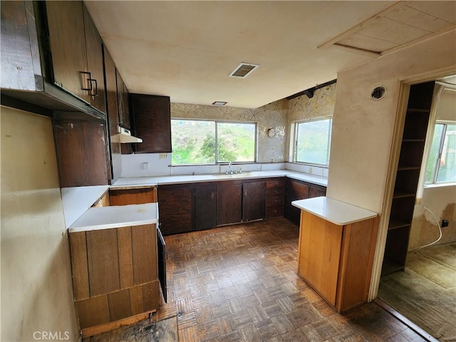 kitchen with light countertops, exhaust hood, a sink, and visible vents