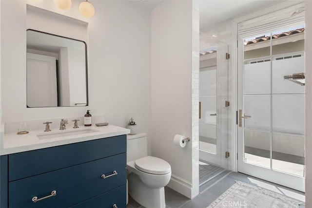 full bath featuring a shower stall, toilet, vanity, and tile patterned floors