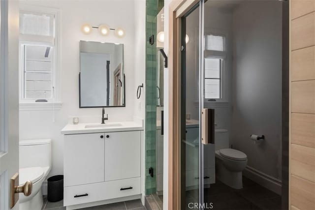 full bathroom with toilet, tile patterned flooring, and a stall shower