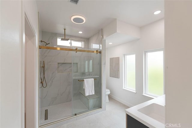 26306 Ganiza, Mission Viejo, CA 92692 - bathroom featuring a marble finish shower, toilet, baseboards, vanity, and recessed lighting