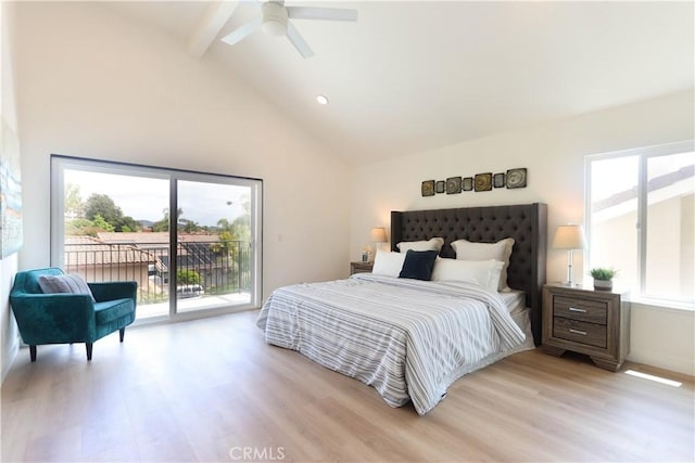 26306 Ganiza, Mission Viejo, CA 92692 - bedroom with beamed ceiling, access to exterior, light wood finished floors, high vaulted ceiling, and ceiling fan