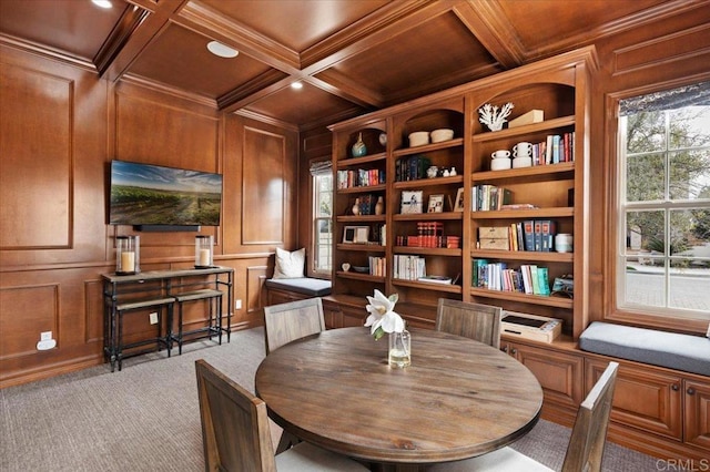 sitting room featuring ornamental molding, recessed lighting, carpet flooring, beamed ceiling, and coffered ceiling