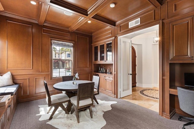 dining room with crown molding, visible vents, recessed lighting, and wooden ceiling