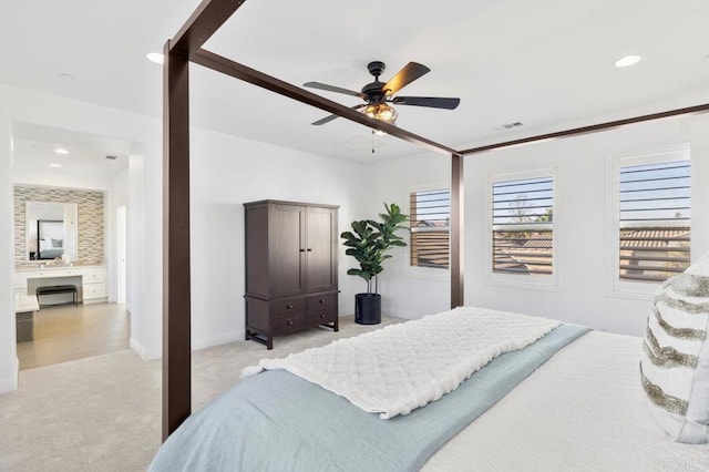 bedroom with light carpet, baseboards, visible vents, recessed lighting, and ceiling fan