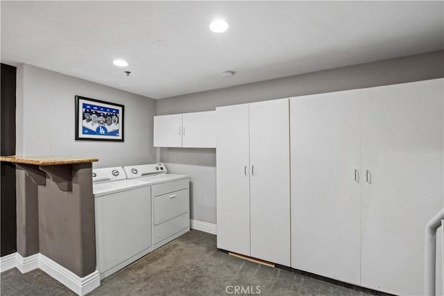 5350 Sepulveda Blvd Unit 15, Sherman Oaks, CA 91411 - washroom featuring separate washer and dryer, carpet floors, recessed lighting, baseboards, and cabinet space