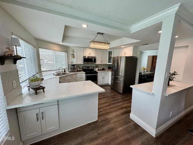 571 Citation Way, Newbury Park, CA 91320 - kitchen with open shelves, a peninsula, a raised ceiling, a sink, and appliances with stainless steel finishes