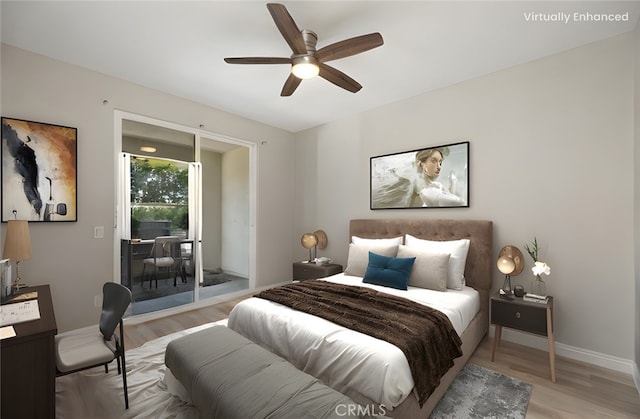 bedroom with light wood-type flooring, a ceiling fan, baseboards, and access to outside