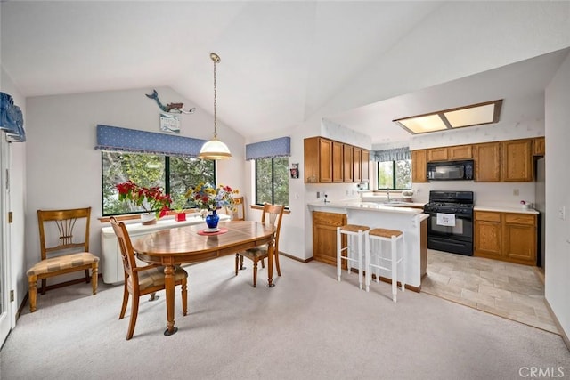 2344 Snowberry Ct, Avila Beach, CA 93424 - dining area with light colored carpet and vaulted ceiling