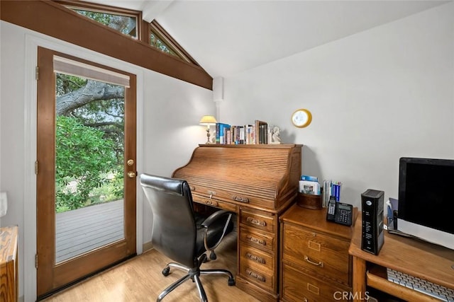 2344 Snowberry Ct, Avila Beach, CA 93424 - home office with lofted ceiling with beams and light wood-type flooring