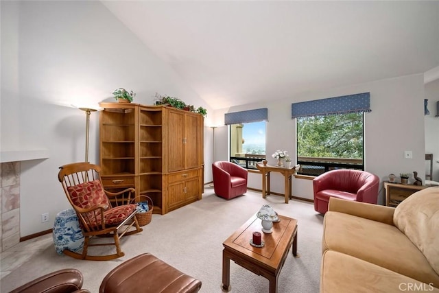2344 Snowberry Ct, Avila Beach, CA 93424 - living area featuring light carpet, baseboards, and vaulted ceiling