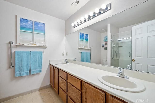2344 Snowberry Ct, Avila Beach, CA 93424 - bathroom with a sink, visible vents, tile patterned floors, and a shower stall