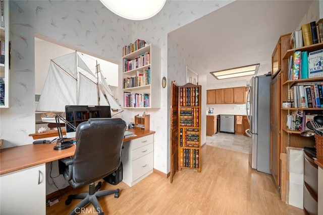 2344 Snowberry Ct, Avila Beach, CA 93424 - office area with wallpapered walls and light wood-style floors