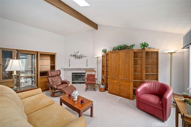 2344 Snowberry Ct, Avila Beach, CA 93424 - carpeted living room featuring vaulted ceiling with beams and a glass covered fireplace
