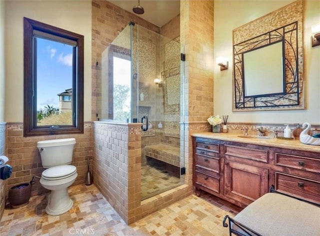 2695 Shady Ridge Ln, Diamond Bar, CA 91765 - bathroom with vanity, a shower stall, toilet, and tile walls