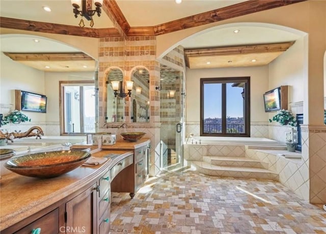 2695 Shady Ridge Ln, Diamond Bar, CA 91765 - full bathroom with vanity, a garden tub, plenty of natural light, a shower stall, and tile walls