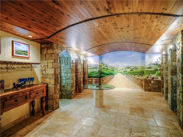 2695 Shady Ridge Ln, Diamond Bar, CA 91765 - hall with stone tile flooring, wooden ceiling, and vaulted ceiling