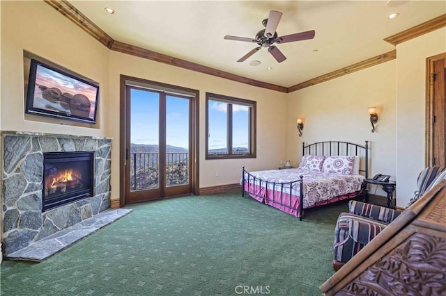 2695 Shady Ridge Ln, Diamond Bar, CA 91765 - carpeted bedroom with access to exterior, ornamental molding, a stone fireplace, baseboards, and a ceiling fan