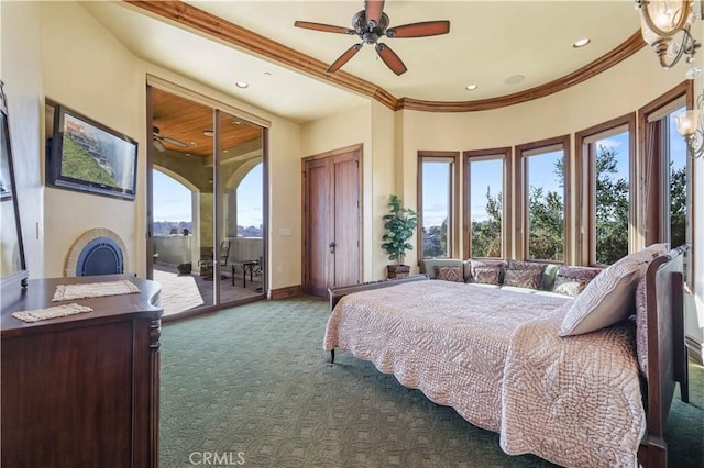 2695 Shady Ridge Ln, Diamond Bar, CA 91765 - bedroom featuring carpet flooring, access to exterior, crown molding, recessed lighting, and baseboards