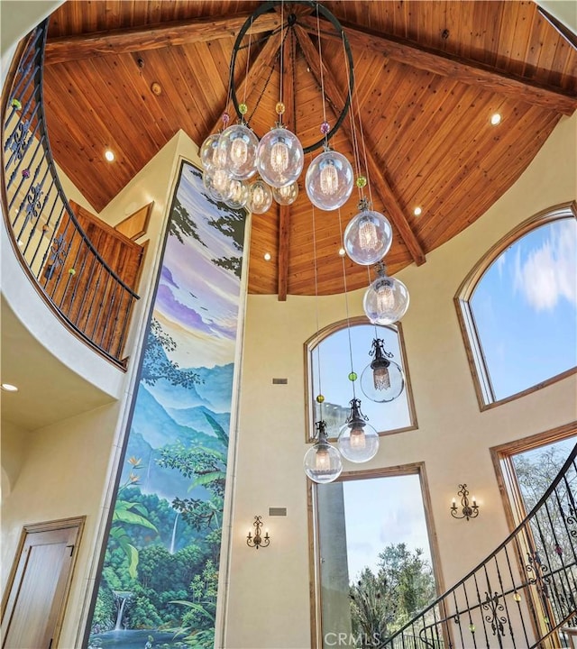 2695 Shady Ridge Ln, Diamond Bar, CA 91765 - detailed view of wooden ceiling with exposed beams, a chandelier, and recessed lighting