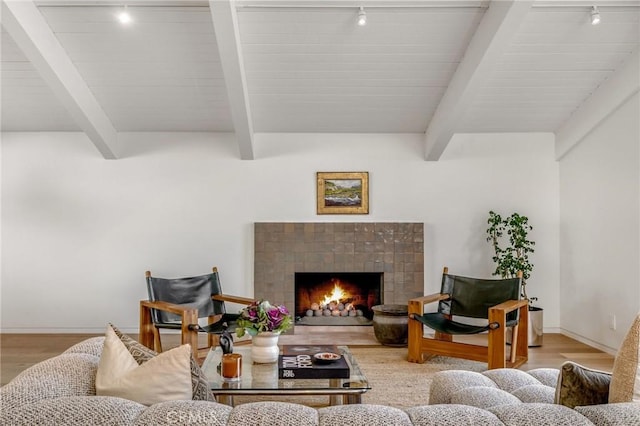 living room featuring track lighting, beam ceiling, and wood finished floors