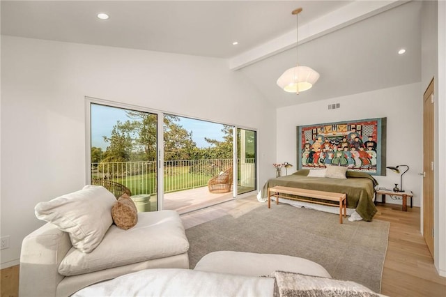 bedroom with lofted ceiling with beams, light wood-style flooring, access to outside, visible vents, and recessed lighting