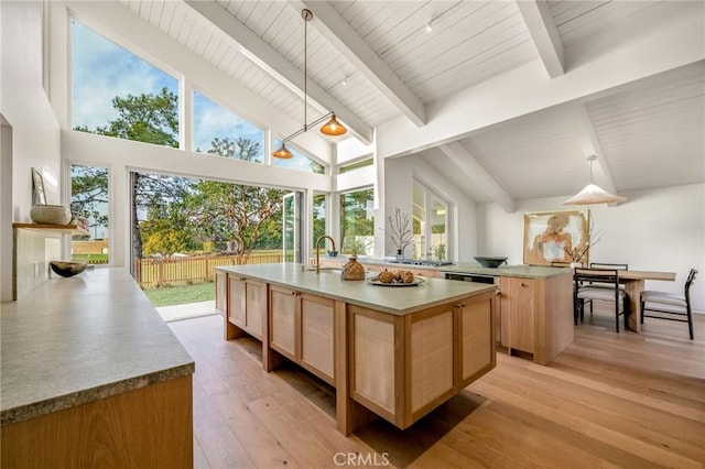 sunroom / solarium featuring beam ceiling, a sink, and a healthy amount of sunlight