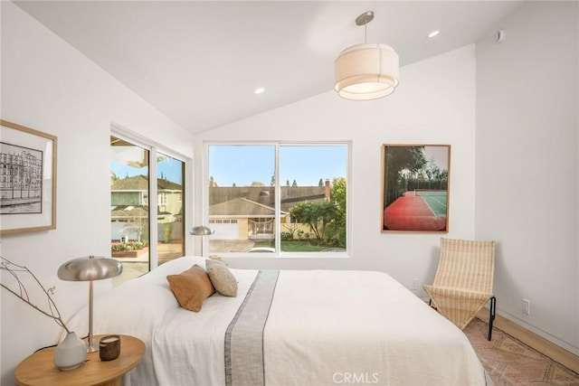 bedroom with lofted ceiling, access to outside, and recessed lighting