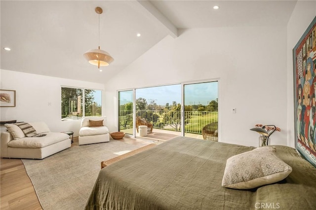 bedroom with light wood finished floors, beam ceiling, access to exterior, recessed lighting, and high vaulted ceiling
