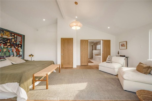 bedroom featuring high vaulted ceiling, ensuite bathroom, beamed ceiling, and recessed lighting