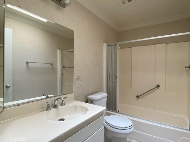 full bathroom with vanity, toilet, ornamental molding, a textured wall, and tub / shower combination