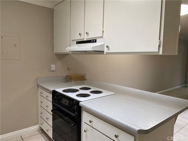 kitchen featuring light countertops, electric panel, under cabinet range hood, white cabinetry, and black electric range oven