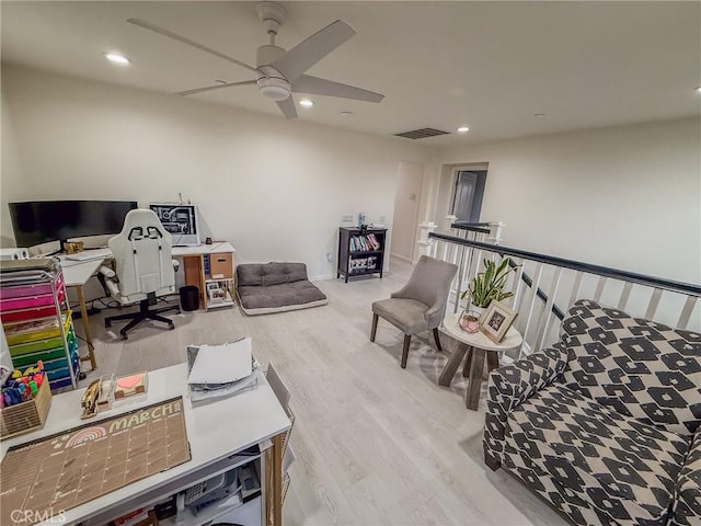 office with ceiling fan, visible vents, recessed lighting, and wood finished floors