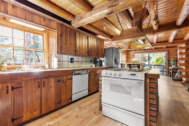 kitchen featuring white appliances, log walls, wood ceiling, beamed ceiling, and light wood finished floors