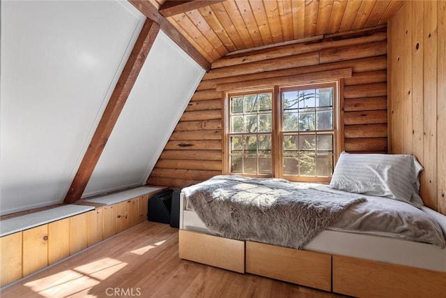 living area featuring wood-type flooring, wood ceiling, and log walls