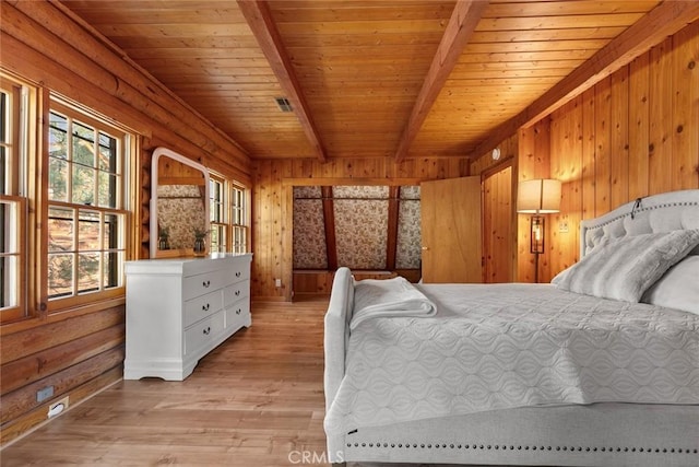 bedroom with wood walls, light wood-type flooring, wood ceiling, beamed ceiling, and visible vents