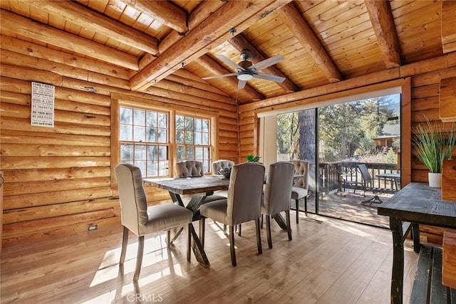 dining area featuring wood-type flooring, lofted ceiling with beams, log walls, wood ceiling, and ceiling fan