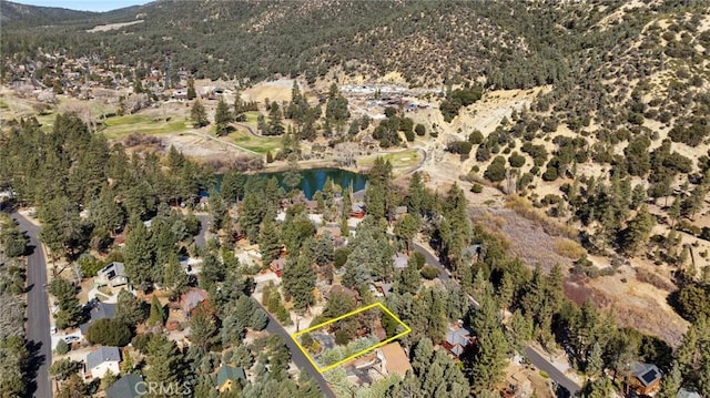 bird's eye view featuring a water and mountain view