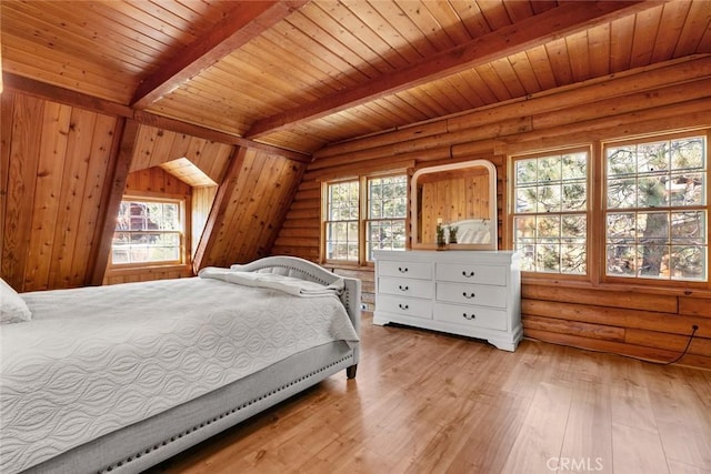 bedroom with wood ceiling, rustic walls, beamed ceiling, and hardwood / wood-style flooring