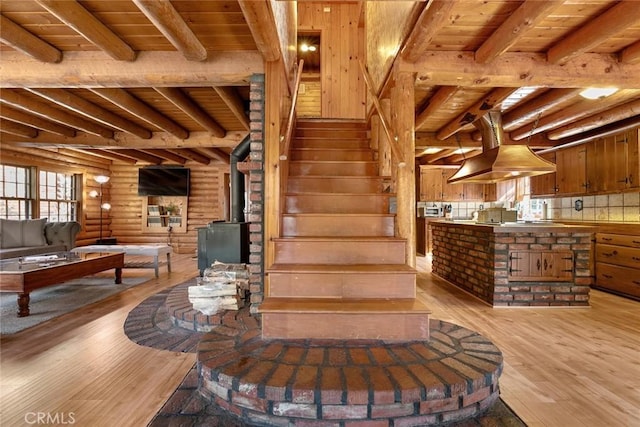 stairway featuring beamed ceiling, log walls, wood finished floors, a wood stove, and wood ceiling