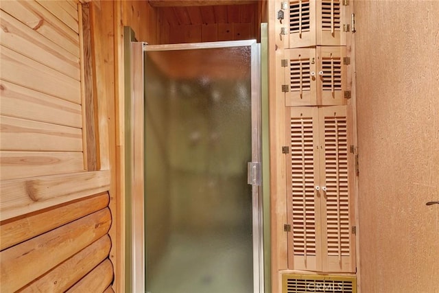 view of sauna with a textured wall