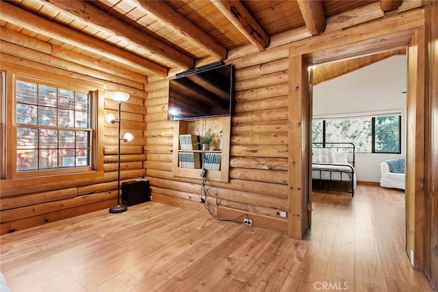 unfurnished room featuring wood-type flooring, wooden ceiling, beam ceiling, and log walls